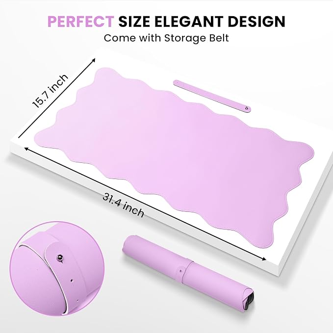 PU Leather Desk Pad, Scalloped Non-Slip Mouse Pad & Large Desk Mat Cover Stitched Edges Writing Pad for Office, Home - Waterproof, Easy to Clean, Durable Surface I 31.4"x15.7", Bonbon Pink