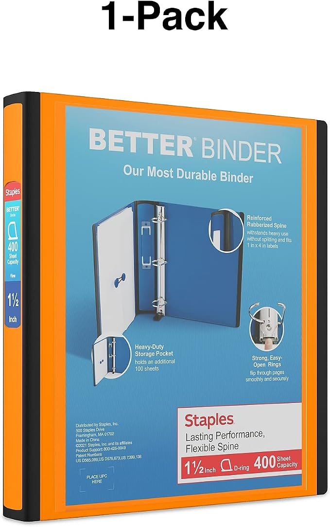 Staples Better Binder 1.5-Inch D-Ring View Binder, Reinforced Spine, Holds Up to 350 Sheets, Orange, for Office & School