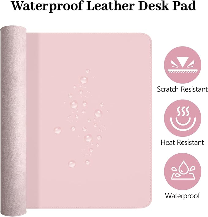 Pink Leather Desk Pad and Keyboard Wrist Rest, 3in1 Mouse Pad + Keyboard Wrist Rest + Mouse Wrist Rest, Non-Slip Waterproof Desk Writing Pad for Office and Home (27.6"×13.8")