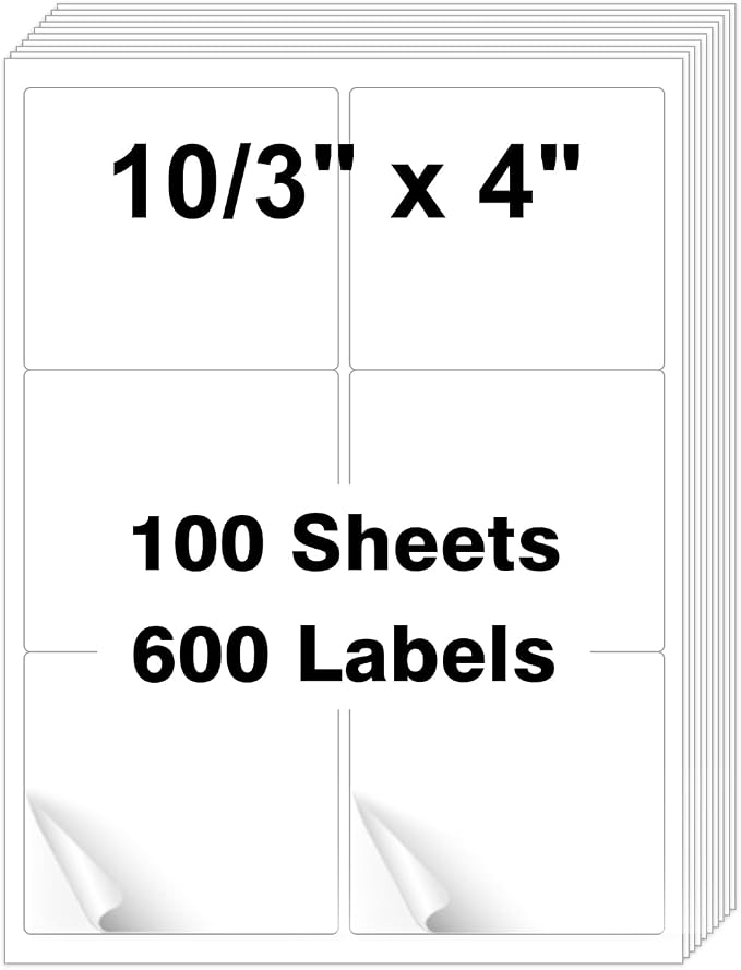 Printable Shipping Labels 3-1/3" x 4", White Blank Mailing Labels, Mailing Shipping Label（100 Sheet, 600 Labels）