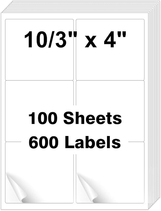 Printable Shipping Labels 3-1/3" x 4", White Blank Mailing Labels, Mailing Shipping Label（100 Sheet, 600 Labels）