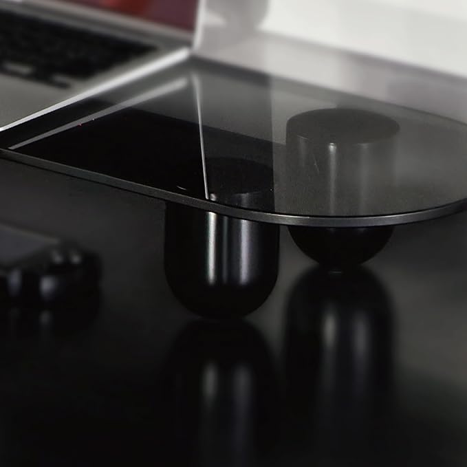 Fenge Computer Monitor Stand with Solid Beech Wood Legs, 34 Inch | Black Tinted Tempered Glass Panel, 5-Min Tool-Free Assembly, Oval Monitor Riser for Art Spaces, Studios, Home Office
