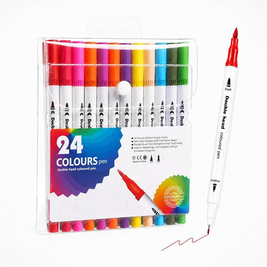 24 Colors Dual Tip Markers, Water Based Art Markers with Brush Tip and Fineliner Tip, Coloring Pens for Drawing, Coloring, Calligraphy, Journaling, Art Supplies for Adults and Kids