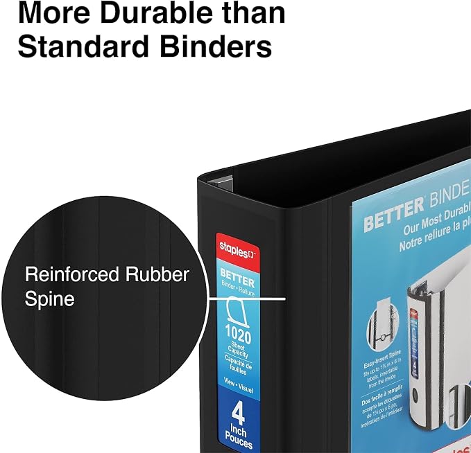 Staples Better Binder, 4-Inch Heavy‑Duty 3‑Ring View Binder, Extra‑Large Capacity D‑Ring, Black, Reinforced Spine, Holds 800+ Sheets, 2‑Pack