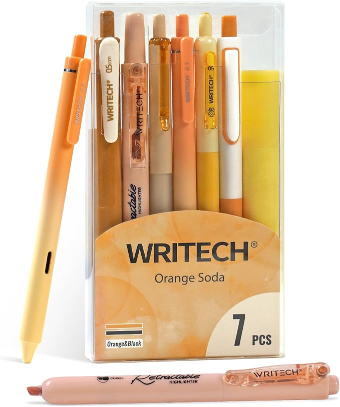 WRITECH Gel Pens Journaling Highlighters: Journal Set Aesthetic Assorted Pastel Color Ink 0.5mm Fine Point Retractable 0.7mm Black Pen Smooth Writing Drawing No Bleed 7ct (Orange)
