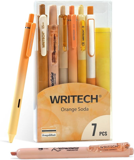 WRITECH Gel Pens Journaling Highlighters: Journal Set Aesthetic Assorted Pastel Color Ink 0.5mm Fine Point Retractable 0.7mm Black Pen Smooth Writing Drawing No Bleed 7ct (Orange)