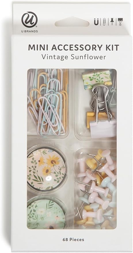 U Brands Office Accessory Kit, Office Supplies, Includes 2 Glass Magnets, 6 Small Binder Clips, 24 Push pins, and 36 Paper Clips, Vintage Sunflower