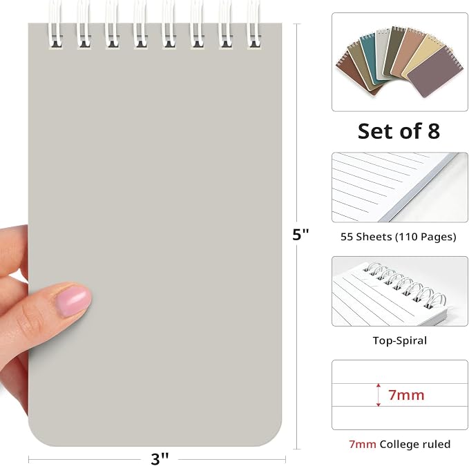 Taja Set of 8 Mini Pocket Notebook Top Spiral Nursing Notepads | Neutral 3" x 5", Mini Little Spiral Notebook, Nursing Notepad, Perfect for Work, School, Office, Nurse, Travel