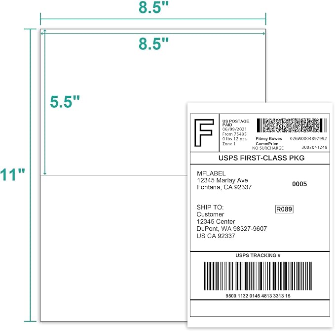 MFLABEL Half Sheet Label Laser/Ink Jet Shipping Label 8.5 x 11 Inches Packaging Labels, Address Labels for Laser & Inkjet Printers, 1600 Count(800 Sheets)