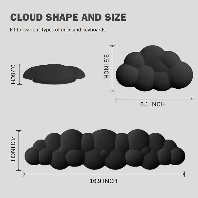 Cloud Keyboard Wrist Rest Pad Set,Enlarge PU Leather Memory Foam Wrist Cushion Support,Easy Typing Pain Relief,Mouse Wrist Rest Pad,Non-Slip Wrist Support for Home, Office,Black