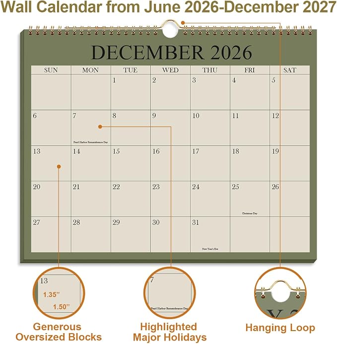 Calendar 2026-2027 - 18 Months Wall Calendar from July 2026 to December 2027, 2026-2027 Wall Hanging Calendar Planner with Thick Paper, 8.5" x 11", Beige