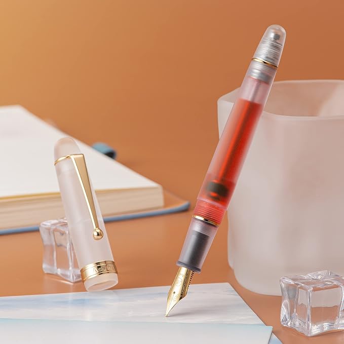 Asvine V126 Vacuum Filling Fountain Pen Gold Plated Fine Point, Frosted Transparent Clear Acrylic Pen Gift Case