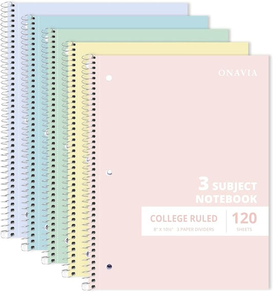 ONAVIA 3 Subject Spiral Notebook College Ruled 5 Pack, 240 Pages, Assorted | 120 Sheets, 8 x 10.5 in, 3 Dividers, Double-Sided Pockets, School Notebook, Study, Homework, Students