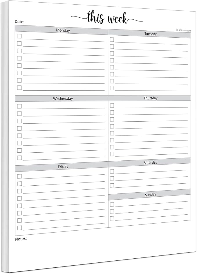 321Done Weekly Checklist Notepad, 8.5x11 Large Letter-Size Pad - 50 Tear-Off Sheets, Undated Monday-Sunday Schedule, Daily Task Planner for Home, Office & Student Use - Made in USA