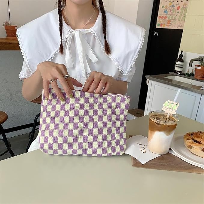 PAZIMIIK Checkered Makeup Bag for Purse, Small Flat Cosmetic Pouch,Purple | Cute Zipper Makeup Organizer for Women, Travel Essentials, Toiletries, Makeup Brushes, Beauty Accessories&Bridesmaid Gifts