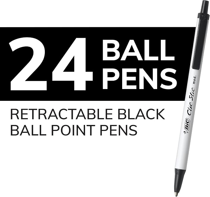 BIC Clic Stic Black Retractable Ballpoint Pens, Medium Point (1.0 mm), School Supplies for Students and Teachers, 24-Count Pack in Black