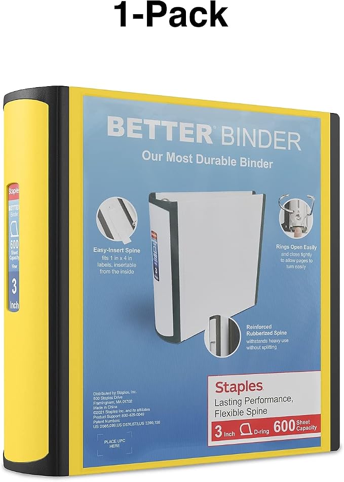 Staples Better Binder, 3" Heavy‑Duty D‑Ring 3‑Ring Binder, Yellow, Reinforced Spine, 600‑Sheet Capacity, High‑Visibility Organizer for Office, School & Filing, 2‑Pack