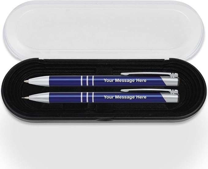 10 Personalized Engraved Classic Metal Ballpoint Pen & Mechanical Pencil Gift Set. Includes Case - Sapphire Blue Color with Silver Accents. Black Ink.