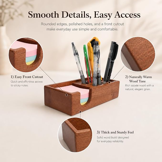 Wood Pencil Holder Pen Display Stand 3x3 Inch Sticky Note Holder | Elegant Post It Note Holder Notepad Dispenser Desk Organizer with Pen Slot for Sticky Notes, Pens, Scissors and Small Tool