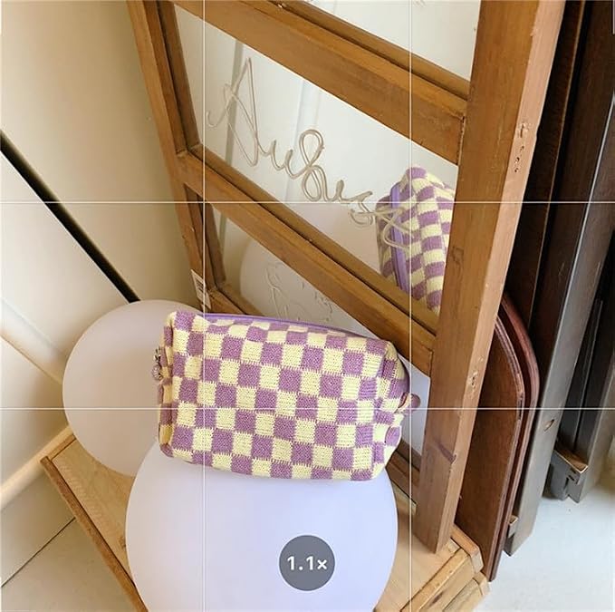 Checkered Makeup Bag for Purse, Small Travel Cosmetic Pouch,Purple,6 Pack | Cute Zipper Makeup Organizer for Women, Travel Essentials, Toiletries, Makeup Brushes, Beauty Accessories&Bridesmaid Gifts