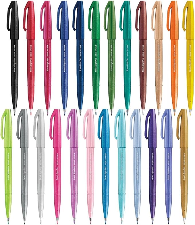 Pentel Brush Sign Pen SES15C - Brush Nib - Fibre Tip - Full Range Set - 24 Pens
