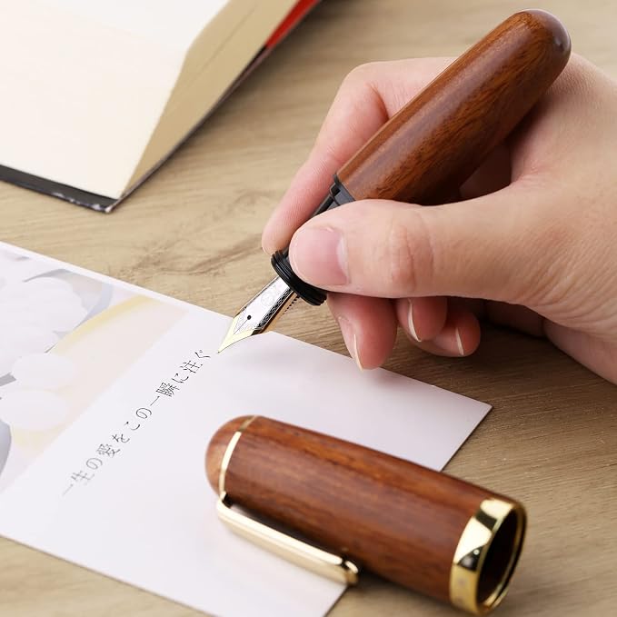 Lanxivi Majohn Q1 Fountain Pen Fine Point Brown Wood, Eyedropper Filling Pocket Pen Large Capacity