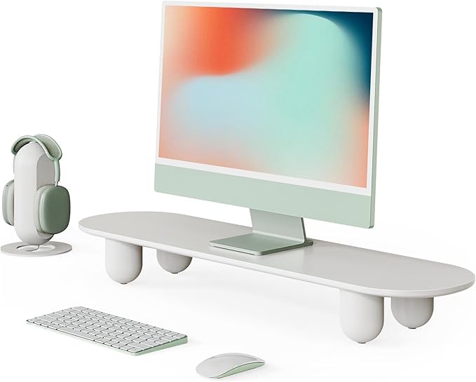 Fenge Computer Monitor Stand with Solid Beech Wood Legs, 34 Inch | All-White Finished Panell, 5-Min Tool-Free Assembly, Oval Monitor Riser for Art Spaces, Studios, Home Office