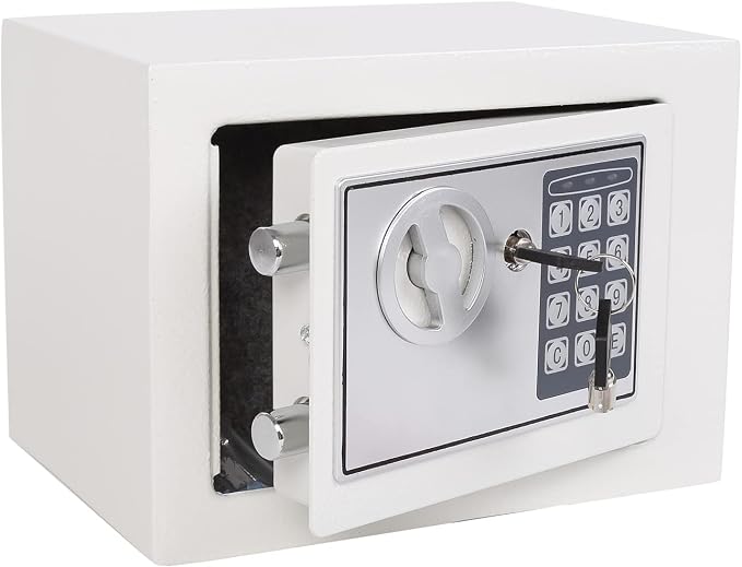 Yuanshikj Small Steel Security Safe Box with Keypad,Key;0.23 Cu Ft, White | Electronic Digital Secure,9.1" W x 6.7" D x 6.7" H,Hidden for Home Dorm Apartment Hotel Office Cash Jewelry Storage