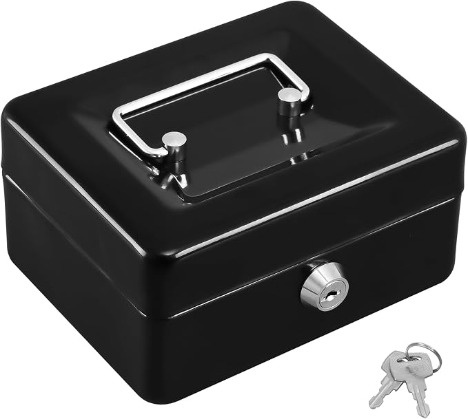 KYODOLED Small Cash Box with Removable Money Tray, Key Lock Metal Storage Box with 2 Keys & Portable Handle, Safe Cash Drawer, 5.91"x 4.72"x 3.15", Black