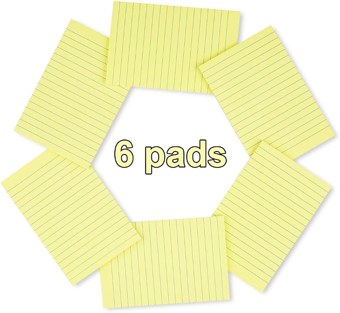 (6 Pack) Lined Sticky Notes 4x6 in,Yellow Large Notepads with Lines,Ruled Stickies Super Sticking Power,Office School Memo Note Pads,Post on Windows Doors,Recyclable,Easy to Write on,Hold Well