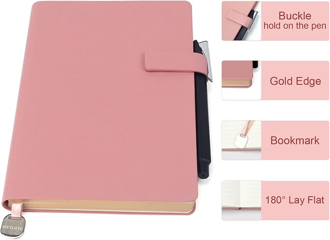 A5 Soft Cover Lined Notebook, Pen Holder & Gold Edges, 180° Lay Flat Journal, Large 5.7 x 8.4 in, Bookmark & Gift Box, Business Notebook for Work, Study, Travel(Pink)