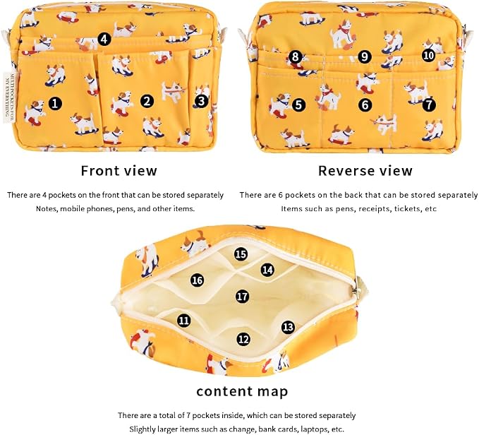 E-WEICHEN Multiple Pockets Portfolio Organizer with Zippered, Makeup Bag Travel Essentials for Women, Simple Waterproof Stationery Pencil Pouch Bag for Journal Office Art Supplies.Yellow Dog