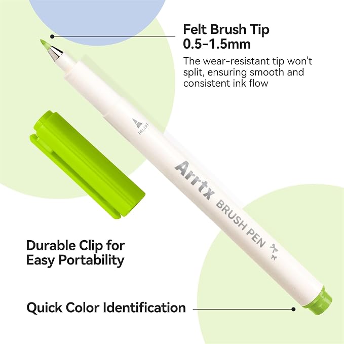 Arrtx Brush Tip Marker Pens, 24 Colors Brush Pens with Flexible Tip, Water Based Assorted Colors for Adult Hand Lettering Journaling Calligraphy Drawing Writing