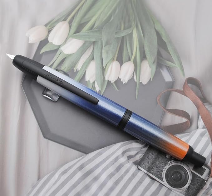 JINHAO 10 Press Fountain Pen, Retractable Metal Pen with Ink Converter (EF Nib 0.38mm, Gradient Dark Blue - Black Clip)