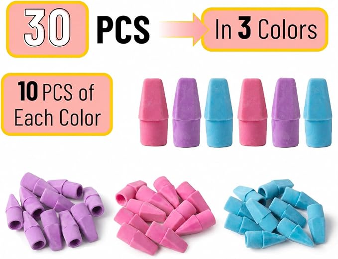 Mr. Pen- Pencil Erasers Toppers, 30 Pack, Colorful, Latex Free, No Smudge, Mr Pen Erasers for Pencils
