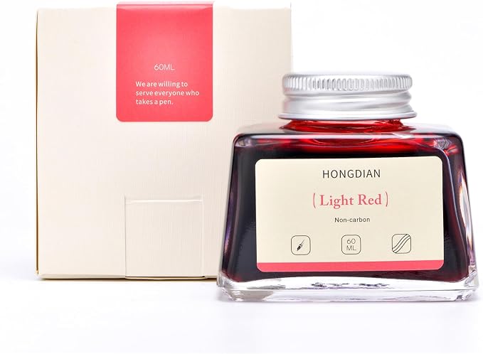Hongdian Fountain Pen Bottled Ink Light Red Color, 60ml Non Carbon Inkwell Bottle, Artist Calligraphy Ink