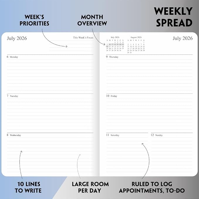 26-27 Academic Planner - Weekly and Monthly Planner, Jul 2026 - Jun 2027, Holidays, Contacts and Notes Pages, Vegan Leather Cover, Elastic Closure, 5.5”x8.25”, Teal
