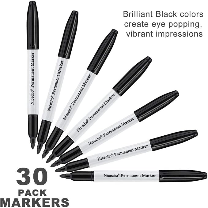 Nicecho Permanent Markers, Black Permanent Marker Pens, 30 Count Fine Point Basic Marker Set