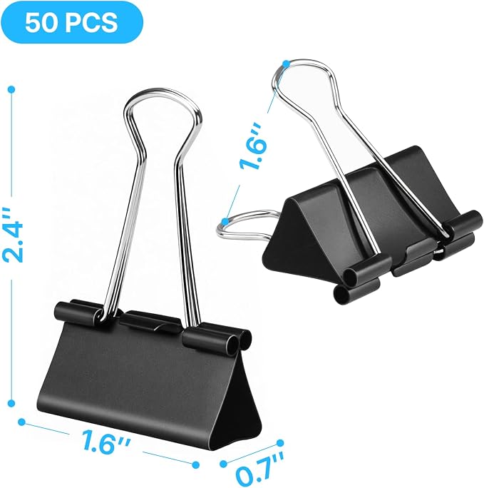OWLKELA 50 Pack Binder Clips, 1.6 Inch, Black | Large Paper Clamps,Ideal for Home Supplies, School, Office and Business