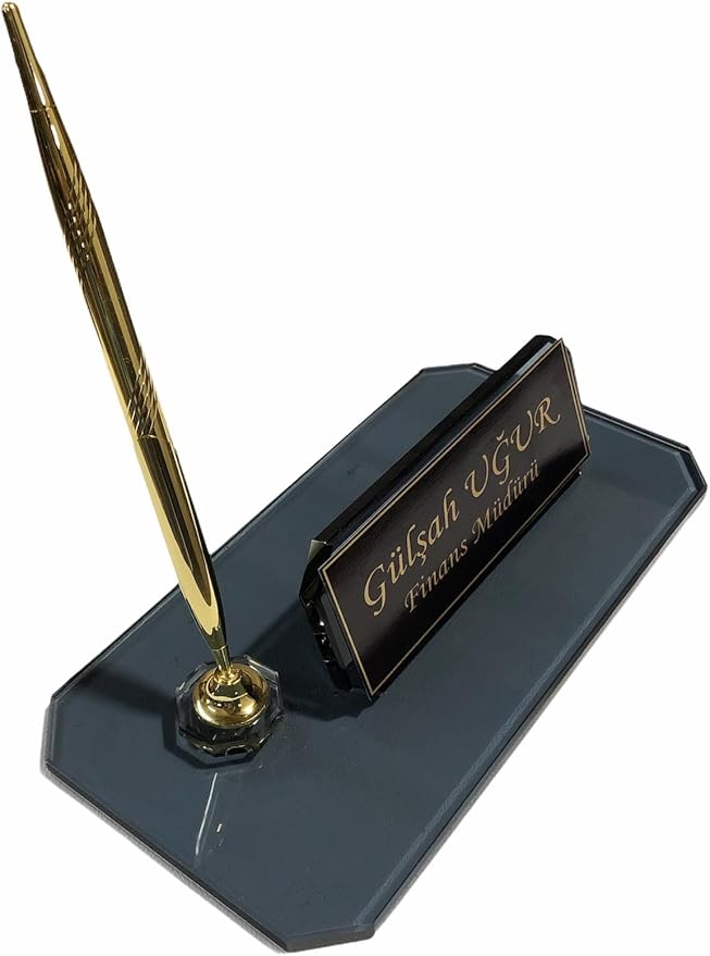 MOOGCO Custom Desk Name Plate : Black Glass Desk Name Plate with Clock, Pen Holder with 2 Pens, Cardholder - Desktop Nameplate, Desk Organizer (Black Single Small)