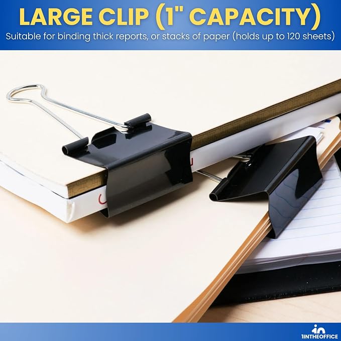 1InTheOffice Binder Clips Assorted Sizes, Paper Clamps, Small 0.75", Medium 1.25", Large 2", Metal, 24 Clips/Size, Black, 72 Pack
