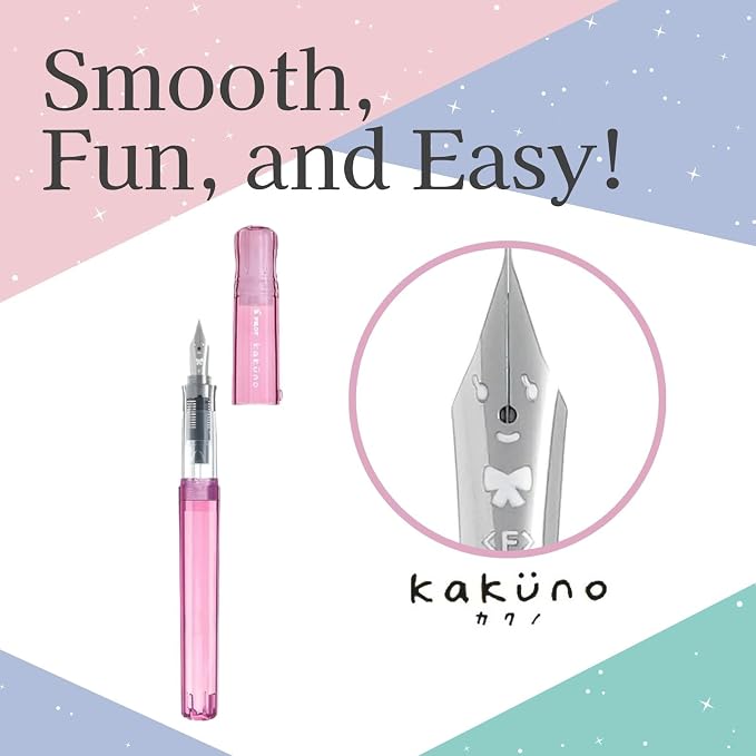 Fountain Pen Set CON-40 Converter & Kakuno Fine Nib with Black Ink Cartridge & Sticky Notes – Refillable Ink System, For Beginners, Calligraphy (Pink FKA-1SR-KGP-F)