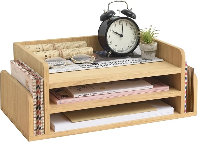 KIRIGEN Wood Desk Organizer, 5-Tray Letter Tray and Mail Sorter Natural 2TP | Solid Wood 3-Tier Desktop Organizer with 5 Storage Areas for Mail, Folders, Letter Paper and Office Supplies, Fully Assembled