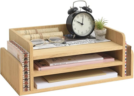 KIRIGEN Wood Desk Organizer, 5-Tray Letter Tray and Mail Sorter Natural 2TP | Solid Wood 3-Tier Desktop Organizer with 5 Storage Areas for Mail, Folders, Letter Paper and Office Supplies, Fully Assembled