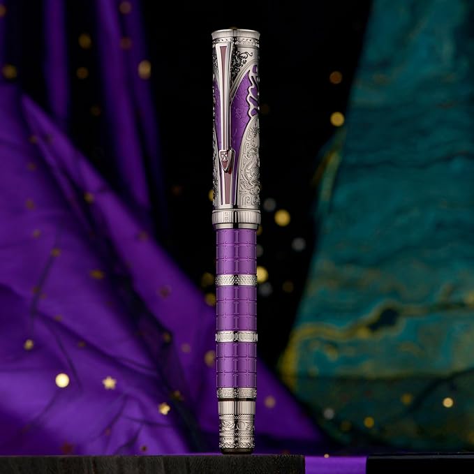 Hongdian D5X Fountain Pen Purple Color Fine Nib, Qin Dynasty Retro Chinese Totem Engraving Smooth Writing Pen with Converter and Pen Box Set