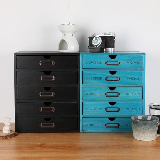 Wooden Storage Box with 5 Drawers Apothecary Drawers Vintage Wooden Drawers Wood Desktop Organizer with Drawers Countertop Drawers Library Card Catalog Cabinet Apothecary Cabinet （BLACK）