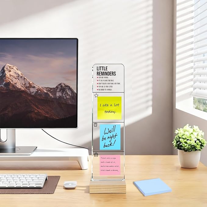 Monitor Memo Board with Removable Wooden Base Acrylic Portable Sticky Note Holder, Little Reminders Sign, Office Desk Set Sticky Notes 100 Sheets