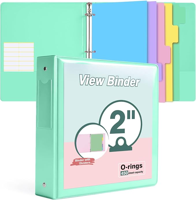3 Ring Binder 2 inch，Cute Binder Organizer with 5 Tab Dividers Fits 175 Sheets of 8.5x11 Paper, Customizable Clear Cover with Inside Pockets, Aesthetic 2" Three Ring Binders for School Office，Green