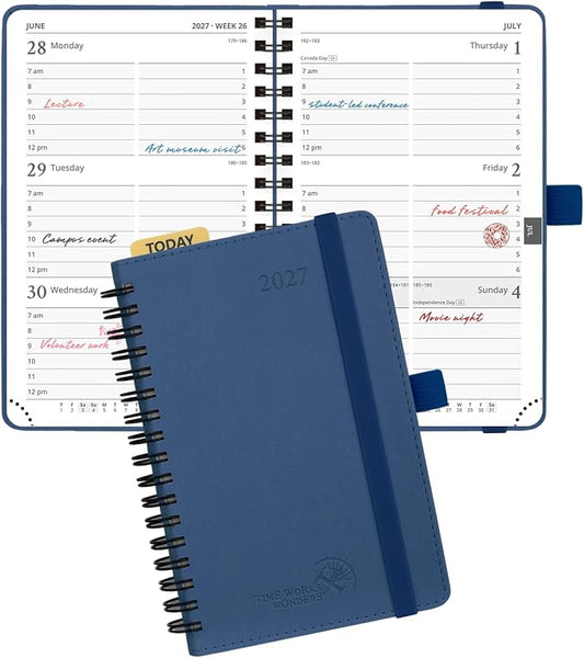 POPRUN 2027 Pocket Planner (Small-4'' x 6.25'') Weekly and Monthly Calendar | 2027 Agenda(Jan - Dec) Appointment Book with Hourly Time Slots, Monthly Tabs, 100GSM, Spiral Leather Cover - Navy Blue