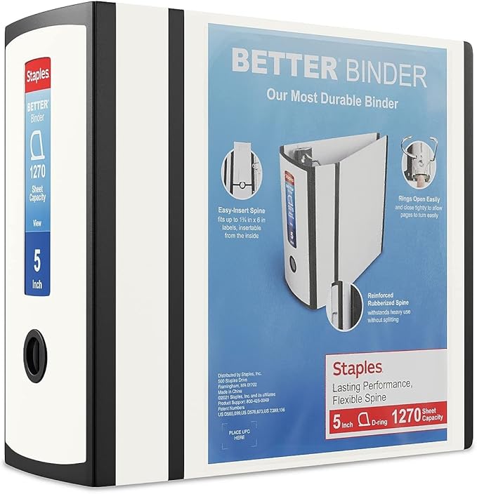 Staples Better Binder Heavy-Duty 5-Inch D-Ring View Binder, Reinforced Spine, Holds Up to 1,000 Sheets, White, for Office & Archiving